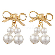 Brass Bowknot Dangle Stud Earrings, with Shell Pearl Beads, Golden, 19x15mm(EJEW-TA00401)