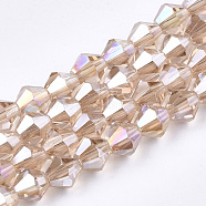 Electroplate Glass Beads Strands, AB Color Plated, Faceted, Bicone, Light Salmon, 6x5.5~6mm, Hole: 1mm, about 44~47pcs/strand, 24.5~25cm(EGLA-Q118-6mm-B10)