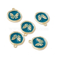 Alloy Enamel Pendants, Light Gold, Flat Round with Butterfly, Teal, 21x18x2mm, Hole: 1.7mm(ENAM-G206-01KCG-04)