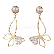 Butterfly Shell Pearl Dangle Stud Earrings, Copper Wire Long Drop Earrings, Golden, 54x30.5mm(EJEW-TA00356)