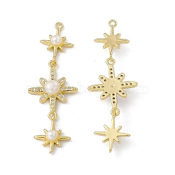 Rack Plating Brass Micro Pave Cubic Zirconia Big Pendants, with Plastic Imitation Pearl, Cadmium Free & Lead Free, Long-Lasting Plated, 3 Sparkling Star Charm, Real 18K Gold Plated, 53x17.5x6mm, Hole: 1.6mm(ZIRC-I061-16G)