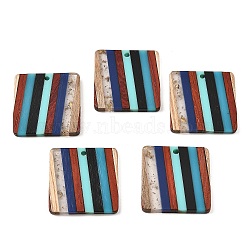 Transparent Resin & Walnut Wood Pendants, Square Charms with Gold Foil, Colorful, 28x28x3mm, Hole: 2mm(RESI-E050-03)
