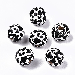 Printed Natural Wooden Beads, Round with Cow Pattern, Black, 10x9mm, Hole: 2.5mm(WOOD-R270-07A)