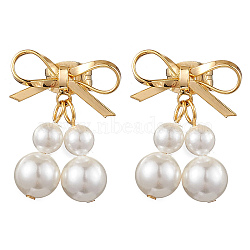 Brass Bowknot Dangle Stud Earrings, with Shell Pearl Beads, Golden, 19x15mm(EJEW-TA00401)