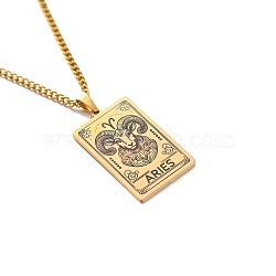 304 Stainless Steel Curb Chain Rectangle with Constellation Pendant Necklaces, Golden, Aries, 23.62 inch(60cm)(PW-WG0F5D0-02)