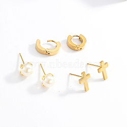 Random Style Stainless Steel Huggie Hoop Earring & Stud Earring Sets, Jewelry for Women, Real 18K Gold Plated, Cross, 7~15x7~15mm(HD4662-3)