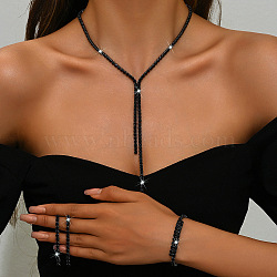 Alloy Rhinestone Tassels Chain Necklaces & Stud Earrings & Chain Bracelets Sets, Black, 300mm(FS-WGCC11C-01)