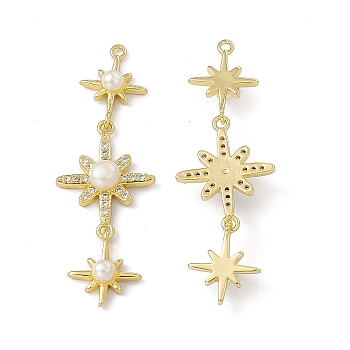 Rack Plating Brass Micro Pave Cubic Zirconia Big Pendants, with Plastic Imitation Pearl, Cadmium Free & Lead Free, Long-Lasting Plated, 3 Sparkling Star Charm, Real 18K Gold Plated, 53x17.5x6mm, Hole: 1.6mm