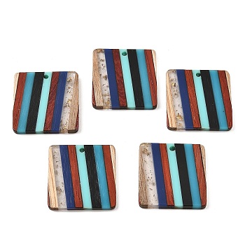 Transparent Resin & Walnut Wood Pendants, Square Charms with Gold Foil, Colorful, 28x28x3mm, Hole: 2mm