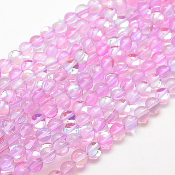 Synthetic Moonstone Beads Strands, Dyed, Holographic Beads, Half AB Color Plated, Round, Pink, 6mm, Hole: 1mm, about 64pcs/strand, 15 inch