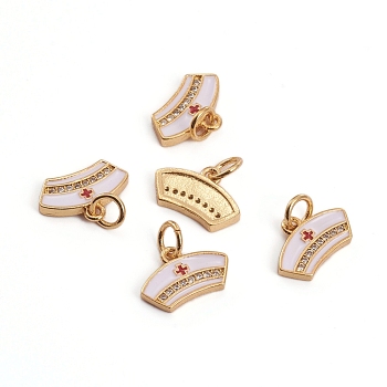 Brass Micro Pave Clear Cubic Zirconia Charms, with Enamel and Jump Rings, Nurse Cap, Golden, 8.5x12.5x1.5mm, Hole: 3.5mm
