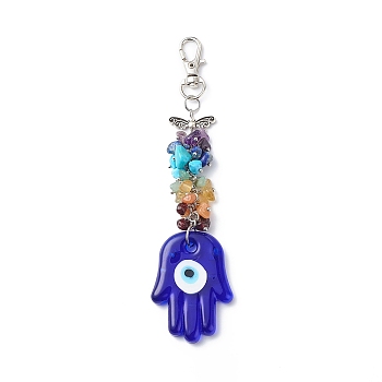 Handmade Lampwork Evil Eye Pendant Decoration, Gemstone Chips Cluster Lobster Clasp Charms, Clip-on Charms, for Keychain, Purse, Backpack Ornament, 125~144mm
