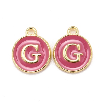 Golden Plated Alloy Enamel Charms, Cadmium Free & Lead Free, Enamelled Sequins, Flat Round with Letter, Camellia, Letter.G, 14x12x2mm, Hole: 1.5mm