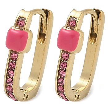 Ion Plating(IP) 304 Stainless Steel Hoop Earrings, with Micro Pave Cubic Zirconia and Enamel for Women, Real 14K Gold Plated, Hot Pink, 5/8x1/8 inch(1.6x0.4cm)