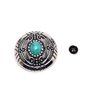 1-Hole Alloy & Cat eye Turquoise Buttons, Flat Round with Leaf Pattern, for DIY Luggage and Hardware Accessaries, Dark Turquoise, 30x11~11.8mm, Hole: 2.5mm