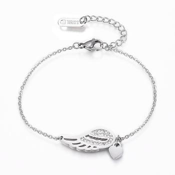 304 Stainless Steel Link Bracelets, with Polymer Clay Rhinestone, Wing and Heart, Stainless Steel Color, 6-3/4 inch(170mm)