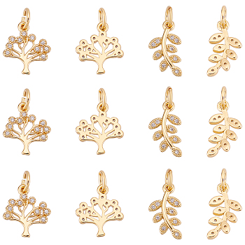 SUPERFINDINGS 12Pcs 2 Style  Brass Micro Pave Clear Cubic Zirconia Pendant, with Jump Ring, Long-Lasting Plated, Tree & Leaf, Golden, 13~14x8~11x2mm, Hole: 3mm, 6pcs/style