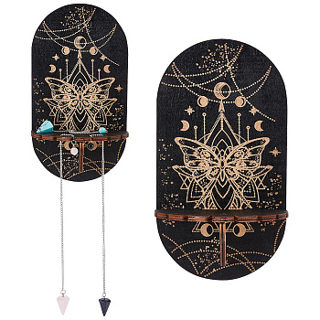 Wooden Wall-Mounted Small Crystal Display Shelf, Witch Hanging Crystal Holder with Rose Quartz, Blue Goldstone, Synthetic Turquoise, for Crystal Dowsing Pendulum Pendant Storage, Butterfly Pattern, Finish Product: 21.5x11.6x8.5cm
