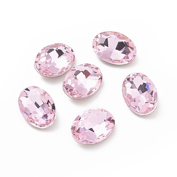 Glass Rhinestone Cabochons, Pointed Back & Silver Back Plated, Oval, Light Rose, 14x10x5mm