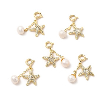 Natural Pearl Spring Ring Clasp Charms, with Brass Micro Pave Clear Cubic Zirconia Starfish Pendants, Real 14K Gold Plated, 125mm