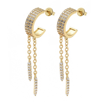 Brass Micro Pave Clear Cubic Zirconia Stud Earrings, Tassel Earrings for Women, Long-Lasting Plated, Lead Free & Cadmium Free, Real 18K Gold Plated, 51x5mm