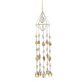 Rough Raw Natural Citrine Wind Chime, with Glass Beads and Iron Findings, Rhombus, Golden, 516mm