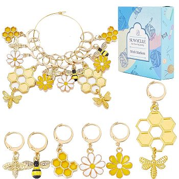 Bee & Flower Locking Stitch Markers, Alloy Enamel Pendant Stitch Marker, with 304 Stainless Steel Hoop, Golden, 2.9~6.4cm, 6 styles, 2pcs/style, 12pcs/box
