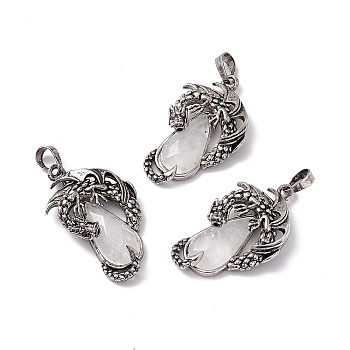 Natural Quartz Crystal Pendants, Rock Crystal Pendants, Faceted Teardrop Charms with Rack Plating Antique Silver Tone Brass Dragon, Cadmium Free & Lead Free, 39x23x8.5mm, Hole: 8x5mm