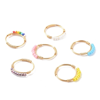 Adjustable Glass Seed Beads Finger Rings, with Real 18K Gold Plated Copper Wire, Mixed Color, Size 7, 17mm