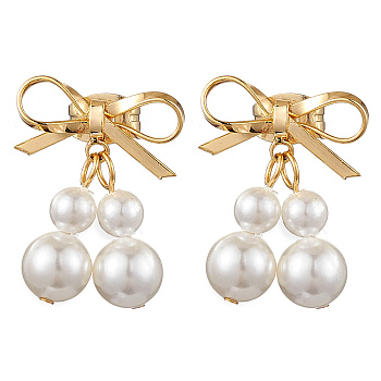 Brass Bowknot Dangle Stud Earrings, with Shell Pearl Beads, Golden, 19x15mm