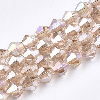 Electroplate Glass Beads Strands, AB Color Plated, Faceted, Bicone, Light Salmon, 6x5.5~6mm, Hole: 1mm, about 44~47pcs/strand, 24.5~25cm