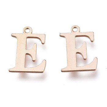 Vacuum Plating  304 Stainless Steel Charms, Laser Cut, Alphabet, Rose Gold, Letter.E, 12x9x0.8mm, Hole: 1mm