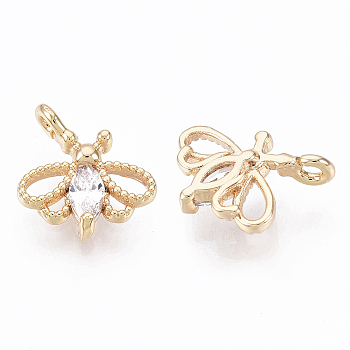 Brass Micro Cubic Zirconia Charms, Nickel Free, Real 18K Gold Plated, Butterfly, Clear, 10x10x3mm, Hole: 1.2mm