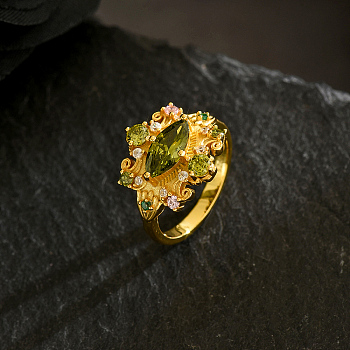 Brass Micro Pave Cubic Zirconia Finger Rings for Women, Flower, Real 18K Gold Plated, 14mm, US Size 5(15.7mm)