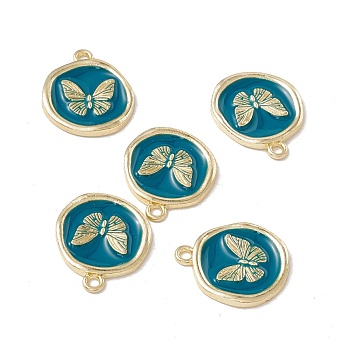Alloy Enamel Pendants, Light Gold, Flat Round with Butterfly, Teal, 21x18x2mm, Hole: 1.7mm