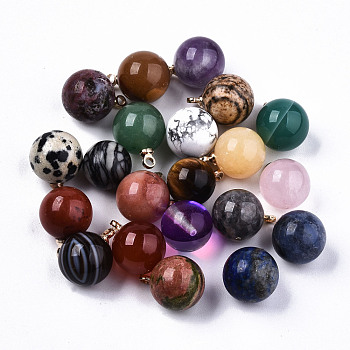 Natural Mixed Gemstone & Glass Charms, with Platinum & Golden Plated Brass Loops, Round, Mixed Color, 14x10.5x10.5mm, Hole: 1.5mm