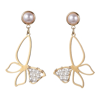 Butterfly Shell Pearl Dangle Stud Earrings, Copper Wire Long Drop Earrings, Golden, 54x30.5mm