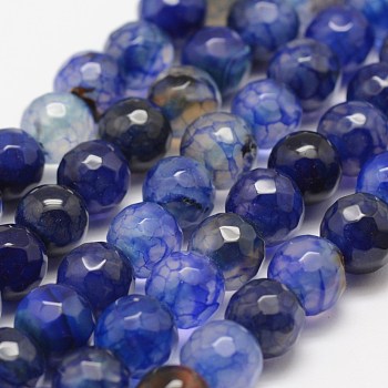 Faceted Natural Dragon Veins Agate Beads Strands, Round, Dyed & Heated, Blue, 8mm, Hole: 1mm, about 47pcs/strand, 14 inch(35.6cm)