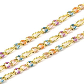Brass Figaro Chains, Soldered, with Enamel, Rack Plating, Long-Lasting Plated, Lead Free & Cadmium Free, with Spool, Real 18K Gold Plated, Colorful, Link: 4.5x3x1mm and 6x2x1mm