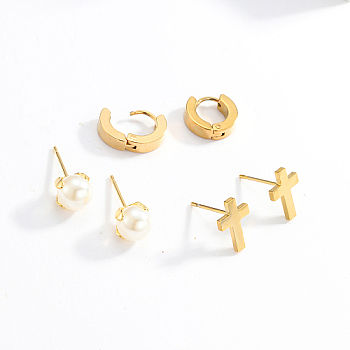 3 Pairs 3 Style Stainless Steel Huggie Hoop Earring & Stud Earring Sets, Jewelry for Women, Real 18K Gold Plated, Cross, 7~15x7~15mm, 1 pair/style