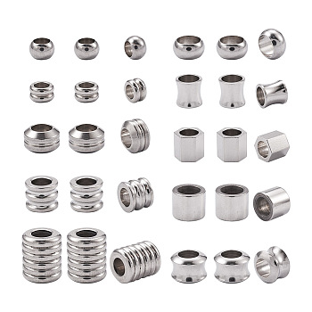 50Pcs 10 Style 304 Stainless Steel Grooved Beads, Stainless Steel Color, 5pcs/style