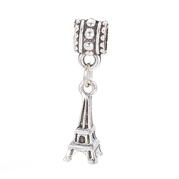 Antique Silver Plated Alloy European Style Dangle Charms, Large Hole Beads, Eiffel Tower, Antique Silver, 27mm, Hole: 5mm