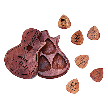 Guitar Shaped Wooden Guitar Picks Box, with 6 Pcs Traingle Wood Guitar Picks, Musical Instruments Pattern, 32x27x2.5mm, 6pcs/set