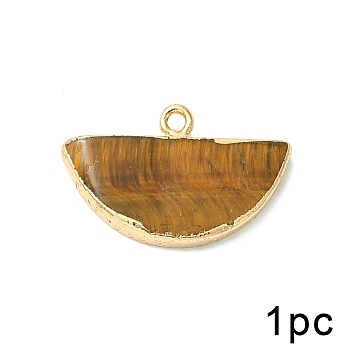 Natural Tiger Eye Pendants, with Golden Tone Iron Settings, Half Round, 17x27mm, Hole: 2mm