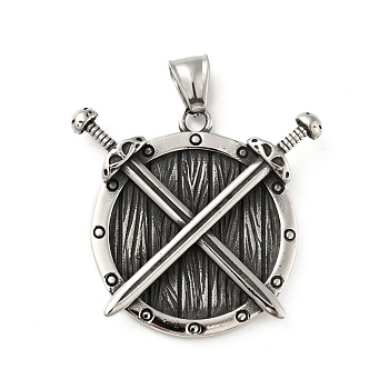304 Stainless Steel Pendants, Manual Polishing, Flat Round with Sword, Antique Silver, 37x40x6mm, Hole: 7x4mm