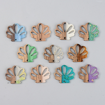 Resin & Walnut Wood Pendants, Flower, Mixed Color, 24.5x28x3mm, Hole: 2mm
