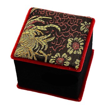 Chinoiserie Jewelry Boxes Embroidered Silk Pendant Necklace Boxes for Gifts Wrapping, Square with Flower Pattern, Black, 63x63x55mm