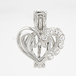 Brass Locket Pendants, Cage Pendants, Cadmium Free & Nickel Free & Lead Free, Hollow, with Rhinestones, Heart, Silver Color Plated, 18x15x8mm, Hole: 4x2mm, Inner Diameter: 7.5mm(KK-T026-23S)