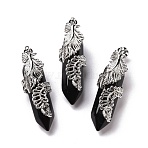 Natural Obsidian Pendants, with Platinum Tone Brass Findings, Cadmium Free & Lead Free, Double Terminal Pointed Bullet with Feather, 45~47.5x14~14.5x13~14mm, Hole: 8x5mm(G-E059-02AS-02)