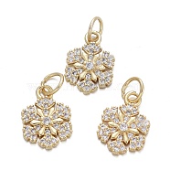 Brass Micro Pave Cubic Zirconia Charms, with Jump Rings, Snowflake, Clear, Real 18K Gold Plated, 13x9x2mm, Jump Rings: Inner Diameter: 3.5mm(KK-K244-07G)